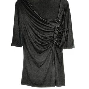 KENAR Dark Black Ruched Ruffle Top Size L  Asymmetrical Neck 3/4 Sleeve Stretch